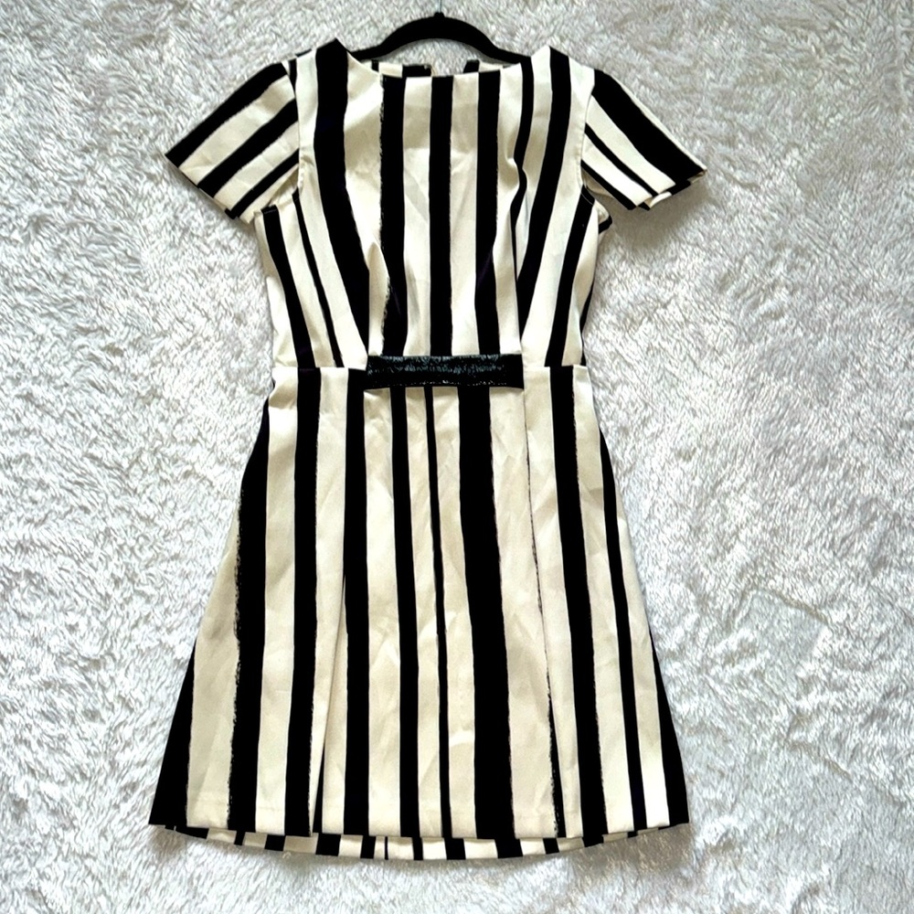 Topshop stripe, pleat front dress with paten leather faux belt